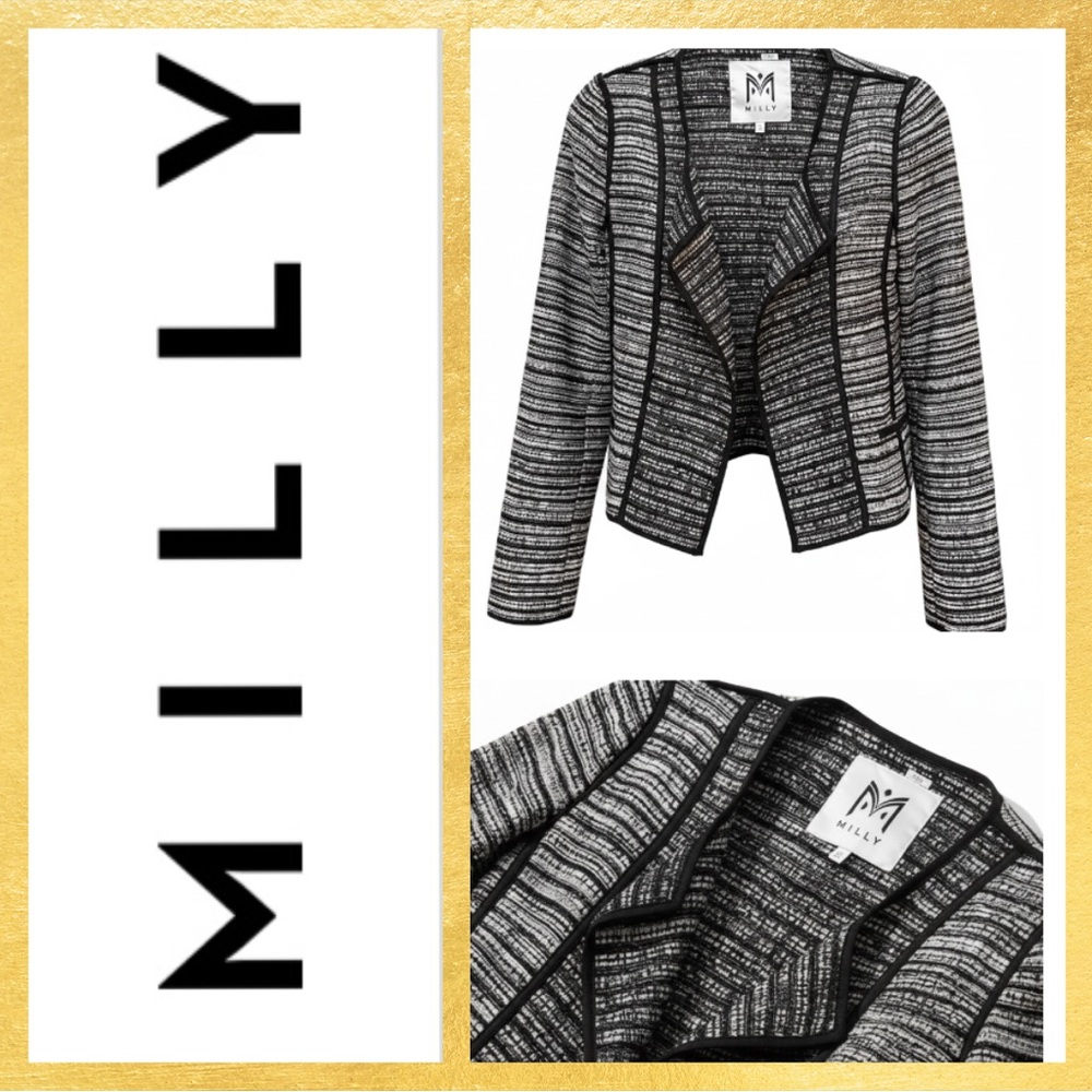 Milly Piped Cardigan Swing Jacket Black & White Woven Tweed Women's 6